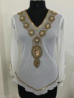 Nouvelle Blouse Décontractée Femme Col V en Georgette Brodé Main Style Vintage de Dubaï, Perles et Écologique, Tendance Été 2024