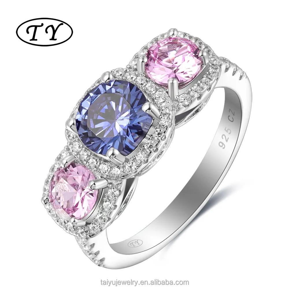 TY Jewelry 925 Sterling Silver Round Diamond Cut Pink Zirconia Tanzanite Stone Cubic Zirconia Promise Engagement Wedding Rings