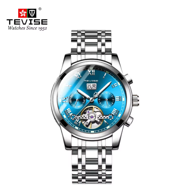 TEVISE 9005 Luxury Moon Phase Automatic Watch for Men Calendar Skeleton Design High-End Business Dress Watch Stainless Steel