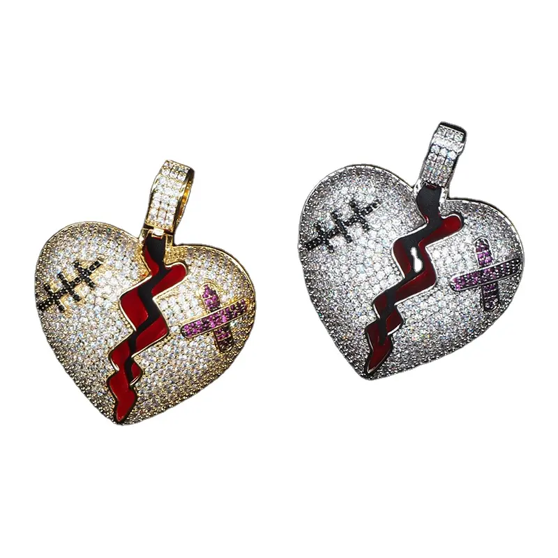 Blues RTS Gold plated Copper Iced Out zircon Red oil broken heart pendant