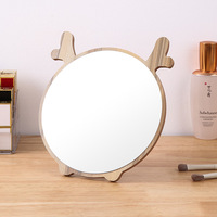 Rustic Wood Frame Mirror Wholesale Desktop Bear Shape Oval Bedroom Custom Carved Wooden Cosmetic Make up Table Standing Mirror
