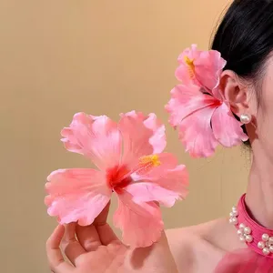 YJL 2 Pezzi Fermagli per Capelli a Forma di Fiore di Ibisco, Fatti a Mano, Artificiali, in Tessuto Hawaiano, <span class=keywords><strong>Accessori</strong></span> per Capelli per Feste in Spiaggia - Product Image 2