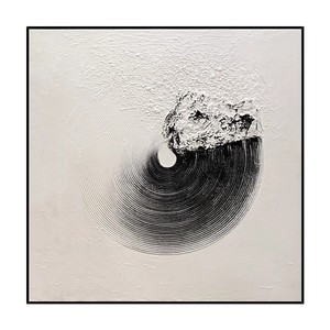 Hand Painted Oil Painting Black <b>White</b> <b>Square</b> Abstract Art Minimalist Metal <b>Frame</b> 3D Visual Effect For Living Room Dining Room - Product Image 5
