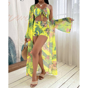 3 Pc Printing Swimwear Cover up <strong>With</strong> Sexy <strong>Bikini</strong> 2021 Swimsuit <strong>Shorts</strong> Set <strong>Women</strong> Bathing Suits - Product Image 5