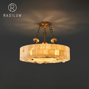 Semi Flush Chandelier Brass Alabaster American Vintage Retro Living Dining Room Bedroom Hotel Project Drum Stone <b>Light</b> - Product Image 1