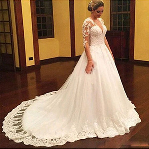 <b>White</b> Ball Gown Wedding Dress V Neck <b>Lace</b> Vintage Style Natural Waistline Polyester Fiber 1611 - Product Image 3