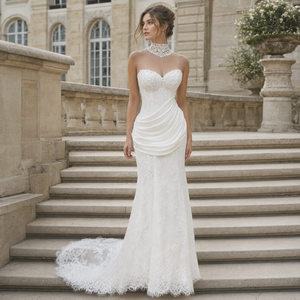 LY105 Boho Sweetheart Ruffle Lace Embroidery Mermaid Wedding <b>Dresses</b> <b>With</b> Scarf - Product Image 1