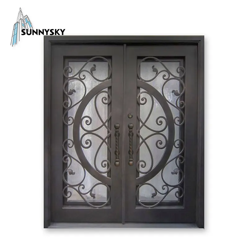 Chinese style storm protection modern decorative wrought iron front patio double entry doors