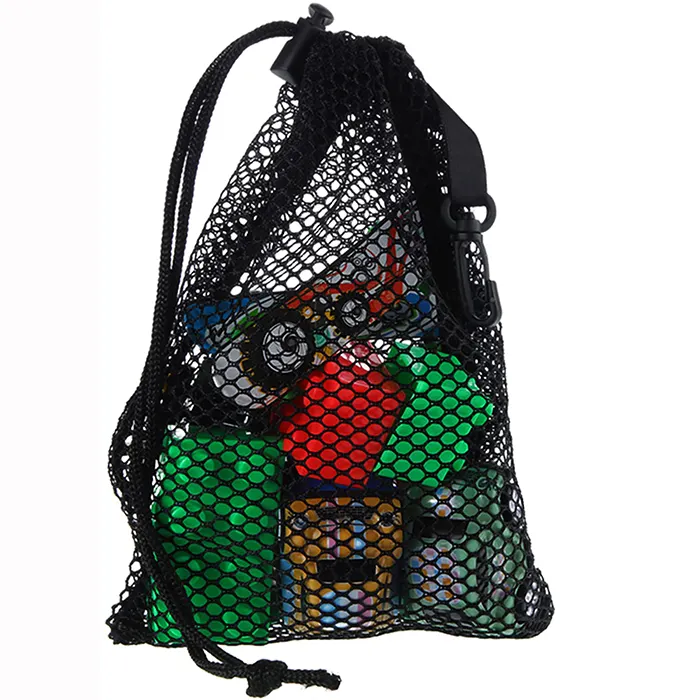 Red de almacenamiento plegable con bolsillo de nailon para recoger Natación en la playa, bolsas con cordón de malla negra con Clips