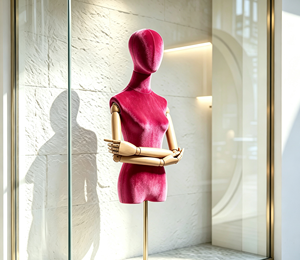Manichino Femminile di Lusso <span class=keywords><strong>in</strong></span> Velluto, Braccia Articolate <span class=keywords><strong>in</strong></span> <span class=keywords><strong>Legno</strong></span>, Supporto Dorato, Modello Torso per Vetrine di Negozi di Abbigliamento - Product Image 4