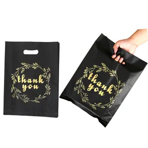 हॉट सेल कस्टम लोगो मुद्रित धन्यवाद प्लास्टिक पैकेजिंग मर्चेंडाइज बैग ब्लैक कैरियर शॉपिंग प्लास्टिक बैग हैंडल के साथ
