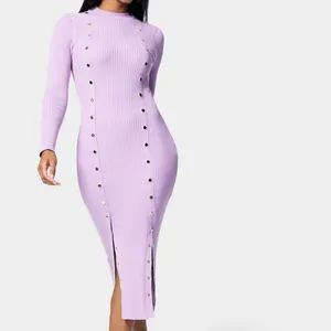 2023 Fashion OEM ODM Crew Neck High Cutting Bodycon Maxi Women Knit Dress