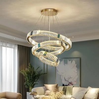 Lustre de luxe en cristal doré, éclairage LED intelligent, gradation progressive, contrôle Tmall Genie, design anneau rond pour