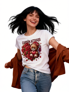 T-shirt da donna con stampa orsetto e rose, a maniche corte, girocollo, casual, primavera estate, 100% cotone jersey, carina e alla moda - Product Image 1