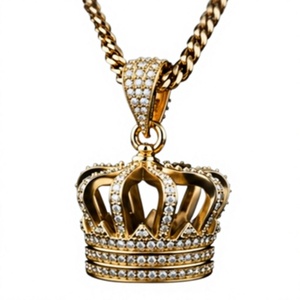 Collier pendentif couronne pour homme plaqué or 10 carats avec chaîne à maillons en cristal - Bijou tendance pour cadeau - Product Image 3