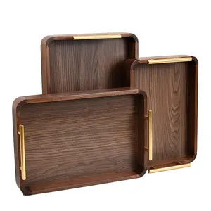 Custom Walnut Wood Coffee Refreshment Wooden Serving Tray Set With Metal Handles