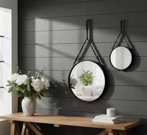 Miroir mural en verre avec sangle de suspension réglable en cuir noir, écologique, léger, décoration contemporaine pour le salon - Product Image 2