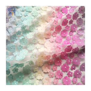TDS001 Tecido de tule bordado com flores coloridas 3D, tecido floral de renda de tule para casamento, malha para vestido - Product Image 4