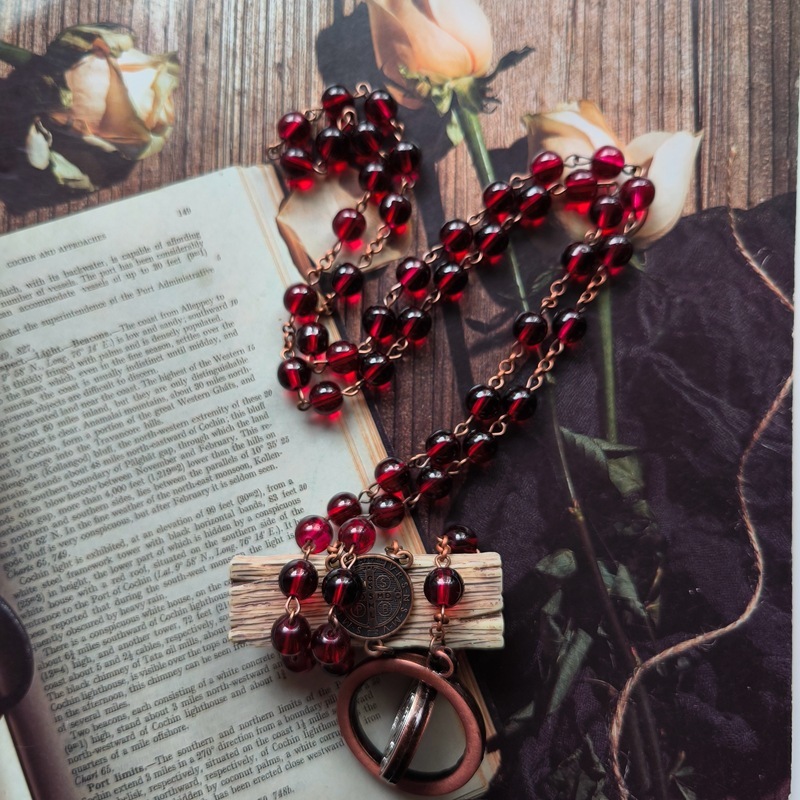 Saint Benedict Rosary Necklace - Red Glass Beads With San Benito Medal & Cross 5 thumbnail image
