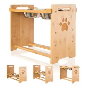 Bamboo Large Raised Dog Bowl Stand Erhöhter Tierfutter automat mit 2 Edelstahlsc halen Verstellbare erhabene Hunden äpfe für große Hunde