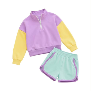 Conjunto de Sudadera y Pantalones Cortos para Niñas, Diseño Color Block, Manga Larga, 2 Piezas, Ropa Casual de Otoño - Product Image 3