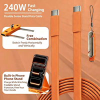 Kabel Pengisian Cepat TENOVA Factory 240W Kecepatan Tinggi dengan Penyangga Ponsel Terintegrasi, Siku 90 Derajat, Silikon, Nilon, Kepang, Gaming Foil