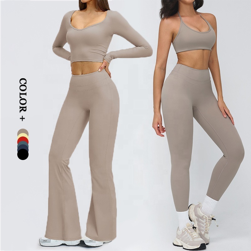 Mid Waist Rise Cut Sportswear Yoga Gymwear Suit V Neck Sleeve Full Length Flared Pants Breathable Set Slim Fit Leggings