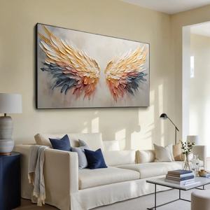 Alas Doradas Panorámicas, Arte Mural 3D Texturizado de Alas de Ángel, Dorado Beige, para Sala de Estar o Dormitorio, Hecho a Mano, Acrílico, Óleo sobre Lienzo, Natureza Muerta - Product Image 2
