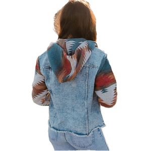 Nouvelle Collection 2026 : Blouson Bomber Vintage en Jean Tissé pour Femme avec Capuche, Ourlet Effiloché, Imperméable et Respirant, en Soie Synthétique et Polyester/Coton - Product Image 2