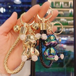 Fashion Cartoon Cute Electroplated Bear Doll 3D Teddy Bear Keychain Leather <b>Rope</b> Wristband Cute Bear Key Chain Bag Charm Pendant - Product Image 2