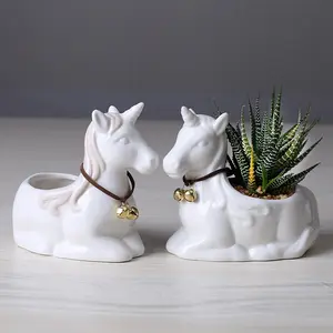 Wholesale Cute Unicorn Succulent Plants Ceramic Pots White Porcelain Horse Flower Pot Table Decoration Planter Container Gift