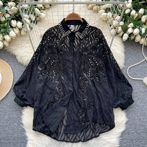 Camicette Casual da Donna Autunnali con Maniche a Lanterna Lunghe, Paillettes e Perline in Spandex Intrecciato, Camicie da Festa - Vendita all'Ingrosso - Product Image 3