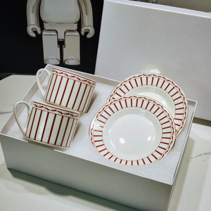 English Style Black and Red Line Ceramic Coffee <b>Cup</b> and Saucer <b>Set</b> with Bone China Eco-Friendly for Giveaways - Product Image 2