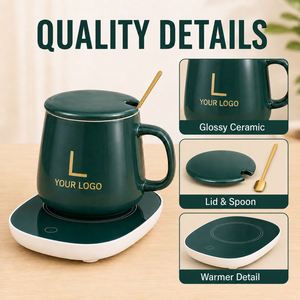 Juego de Tazas de Cerámica Rojas para Regalo Corporativo de Navidad y Año Nuevo, con Calentador de Tazas Eléctrico, Tapa, Cuchara, Logotipo Personalizado, Caja de Regalo Navideña - Product Image 3