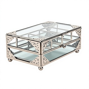 Rectangular <b>Glass</b> <b>Jewelry</b> <b>Box</b> With Lid 2 Layer Classic Carved Metal Frame Multifunction Storage Display Case For Women's Gifts - Product Image 1