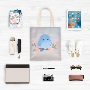 Custom Blue Bird Full Print <b>Canvas</b> <b>Shopper</b> Foldable Tote Bag with Inner Pocket for Daily Use Wholesale Bulk - Product Image 5
