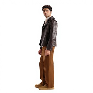 Blouson moto en cuir marron pour homme, coupe ajustée, col rabattable, fermeture éclair, longueur standard, couleur unie, automne - Product Image 5