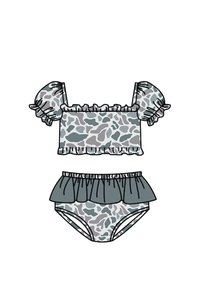 Traje de Baño Personalizado para Niñas, Informal, de Primavera y Otoño, con Estampado de Camuflaje Gris, Transpirable, de Algodón y Elastano, con Volantes - Product Image 2