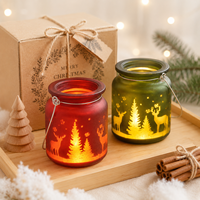 En gros Pot à bougie vide en verre dépoli avec poignée en fil métallique, motif cerf et sapin, accent cadeau saisonnier d'hiver