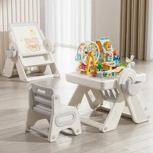 Mesa de brincar com blocos de plástico para crianças, conjunto de mesa de jantar para bebês, mesa de graffiti e pintura infantil