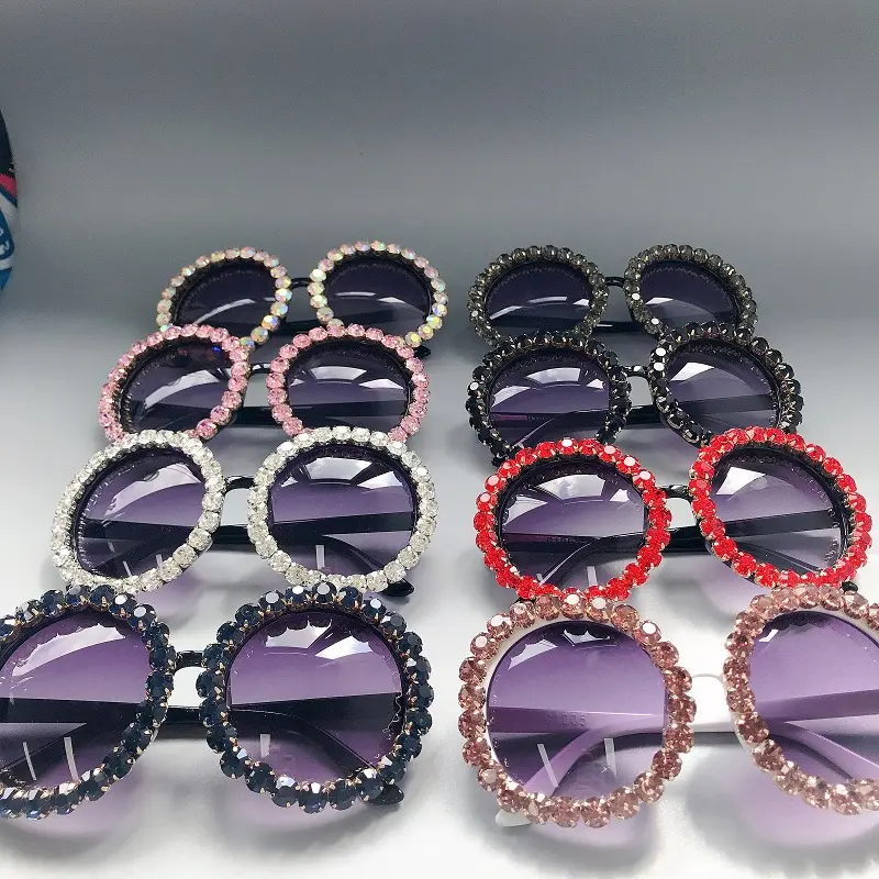Hot Sales benutzer definierte Logo Private Label Mode runde Luxus farben bling Diamant Sonnenbrille Kristall Frauen Sonnenbrille trendy