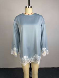 Women's Solid Color Lace Trim Asymmetrical Hem Long <strong>Sleeve</strong> <strong>Blouse</strong> Shirt <strong>Without</strong> Pearl Chain Skirt Sehe Fashion - Product Image 4