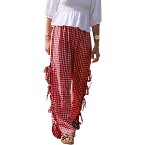 Pantalon à jambes larges Y2K pour femmes Pantalon ample en polyester imprimé à carreaux/rayures à nouer sur le côté Printemps Été Mode Pantalons de survêtement décontractés Bas - Product Image 6