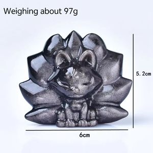 天然風水シルバー黒曜石刻まれた9尾キツネ置物ホームデコレーションオーナメント - Product Image 5