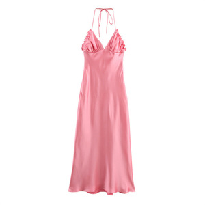 Summer Woven <strong>Satin</strong> Women's Casual <strong>Halter</strong> Neck A-Line Midi Sexy Backless Streetwear Solid Color Dress for Vacation Party - Product Image 1