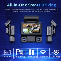 Caméra de voiture 360 degrés 4 canaux, vision nocturne, écran 3 pouces, caméra de tableau de bord 2.5k avant/arrière, WiFi, capteur G, enregistreur vidéo de voiture, boîte noire