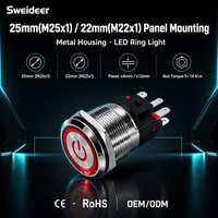 Interrupteur à bouton-poussoir en métal Sweideer 22mm 25mm, momentané ou à enclenchement, avec anneau LED en option, 1NO1NC 2NO, tête ronde, montage sur panneau, 10A 250VAC