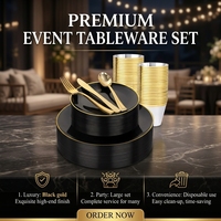 Ensemble de vaisselle jetable en plastique, assiettes blanches et noires avec bord doré, gobelets, couteaux, cuillères, kit de vaisselle pour fête