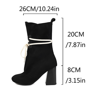 Bottines à talons hauts et épais pour femmes, grande taille 46, coupe large, à lacets sur le devant, bout carré, en daim - Product Image 6