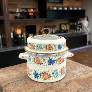 Marmite à soupe en émail à bord roulé épaissi avec couvercle et doubles poignées, compatible induction, pour la préparation de nouilles et de bouillies en famille - Product Image 2